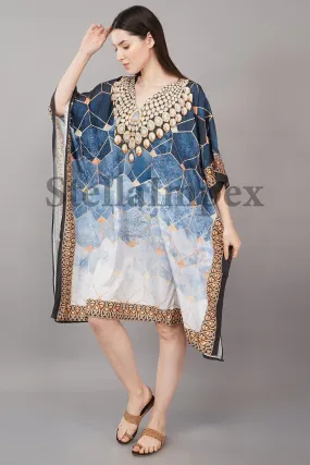 Trendy Crepe Silk Kaftan, Elegant Blue Short Caftan Resort Wear Beach Dress Boho Kaftan, Gift for Her