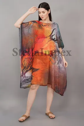 Trendy Georgette Kaftan Elegant Orange & Grey Short Caftan Resort Wear Beach Dress Boho Kaftan, Gift for Her