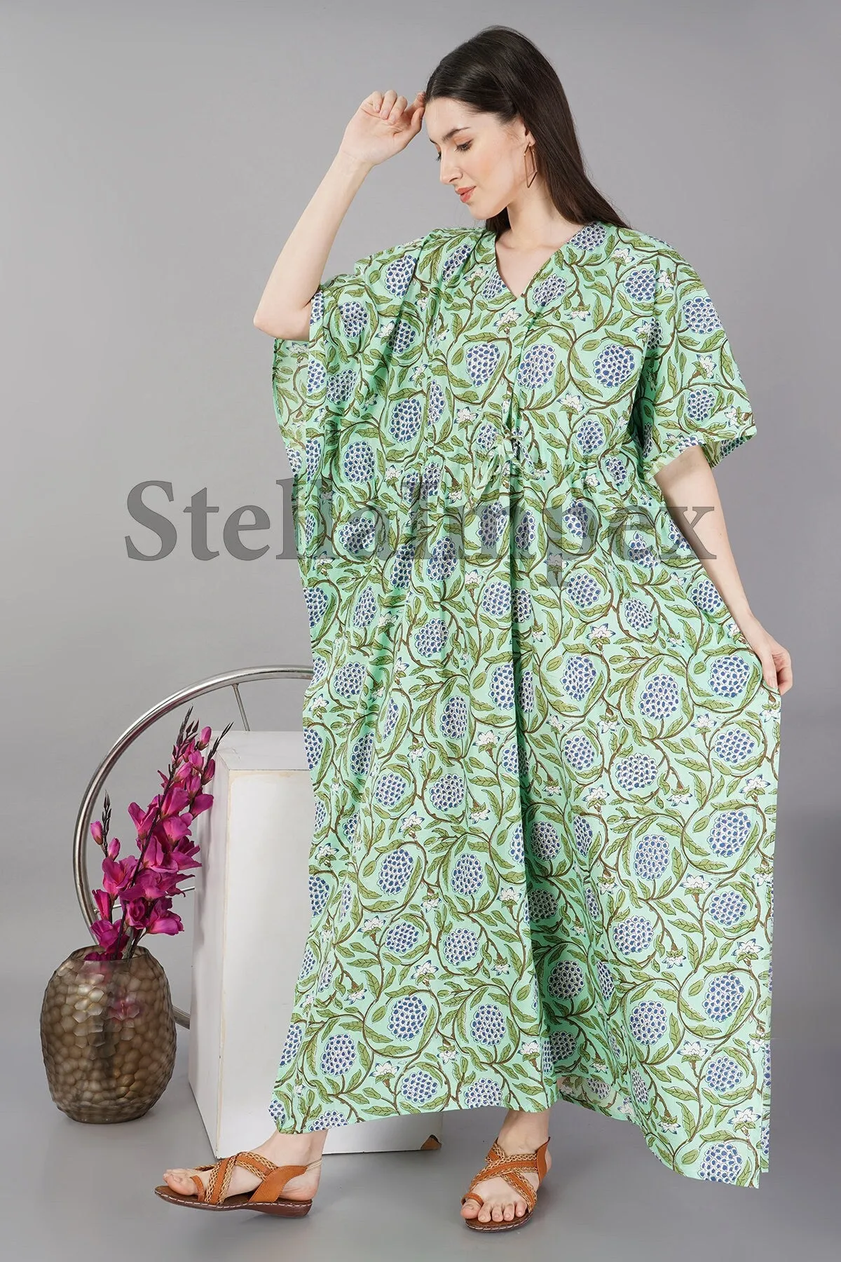 Trendy Handblock Cotton Kaftan, Elegant Green & Blue Floral Long Caftan Resort Wear Beach Dress Boho Kaftan, Gift for Her