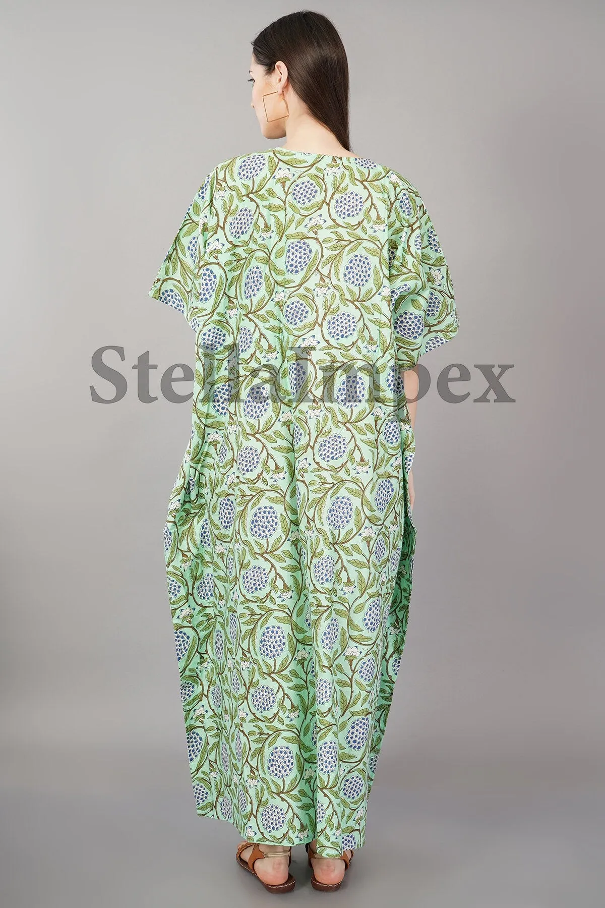 Trendy Handblock Cotton Kaftan, Elegant Green & Blue Floral Long Caftan Resort Wear Beach Dress Boho Kaftan, Gift for Her