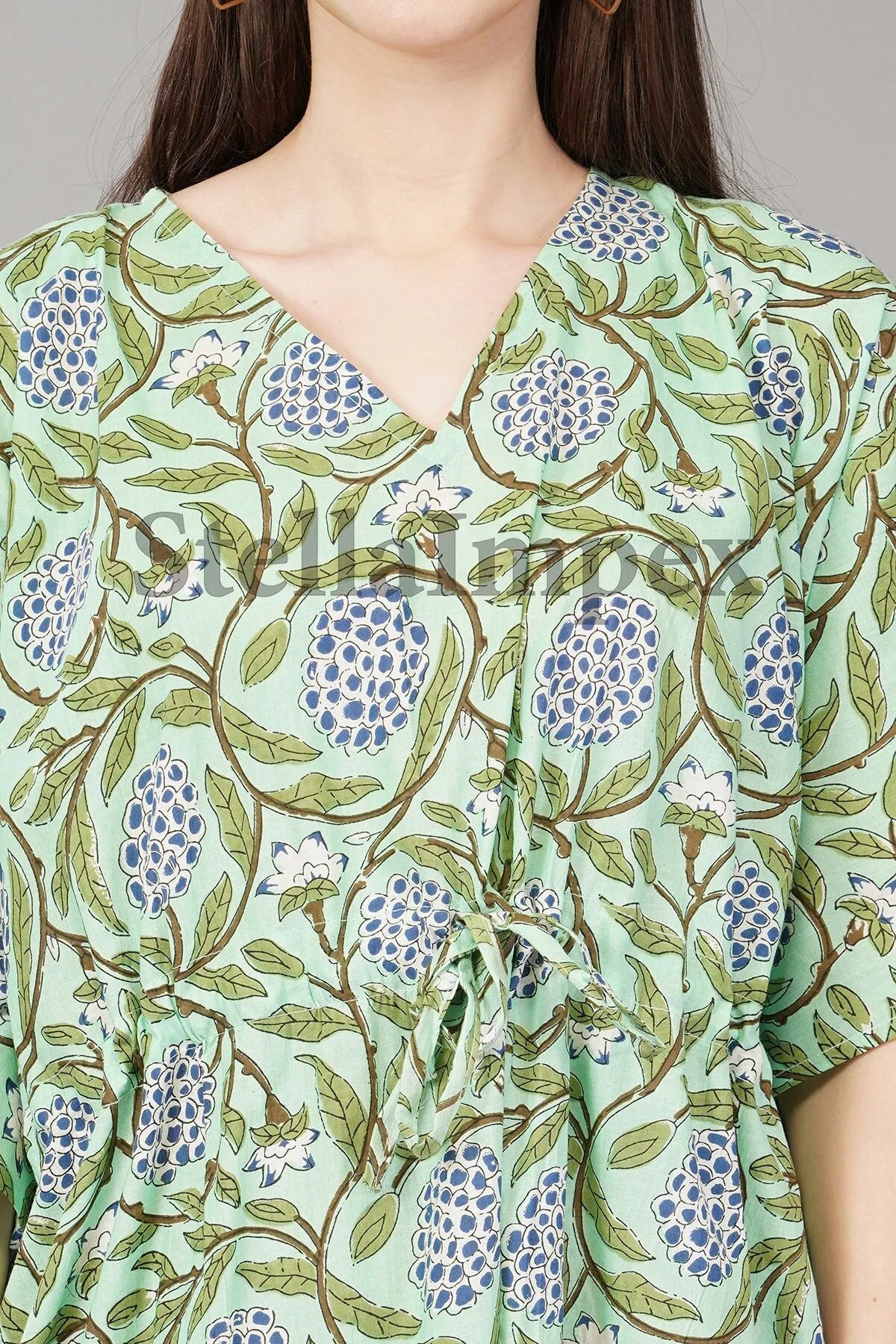 Trendy Handblock Cotton Kaftan, Elegant Green & Blue Floral Long Caftan Resort Wear Beach Dress Boho Kaftan, Gift for Her