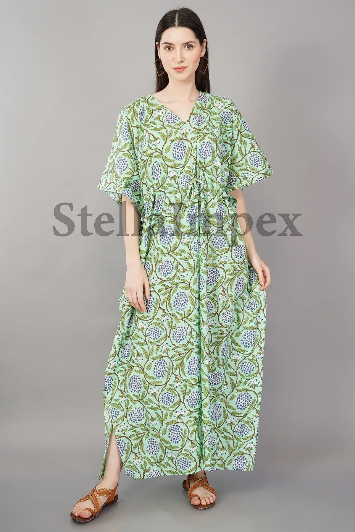 Trendy Handblock Cotton Kaftan, Elegant Green & Blue Floral Long Caftan Resort Wear Beach Dress Boho Kaftan, Gift for Her