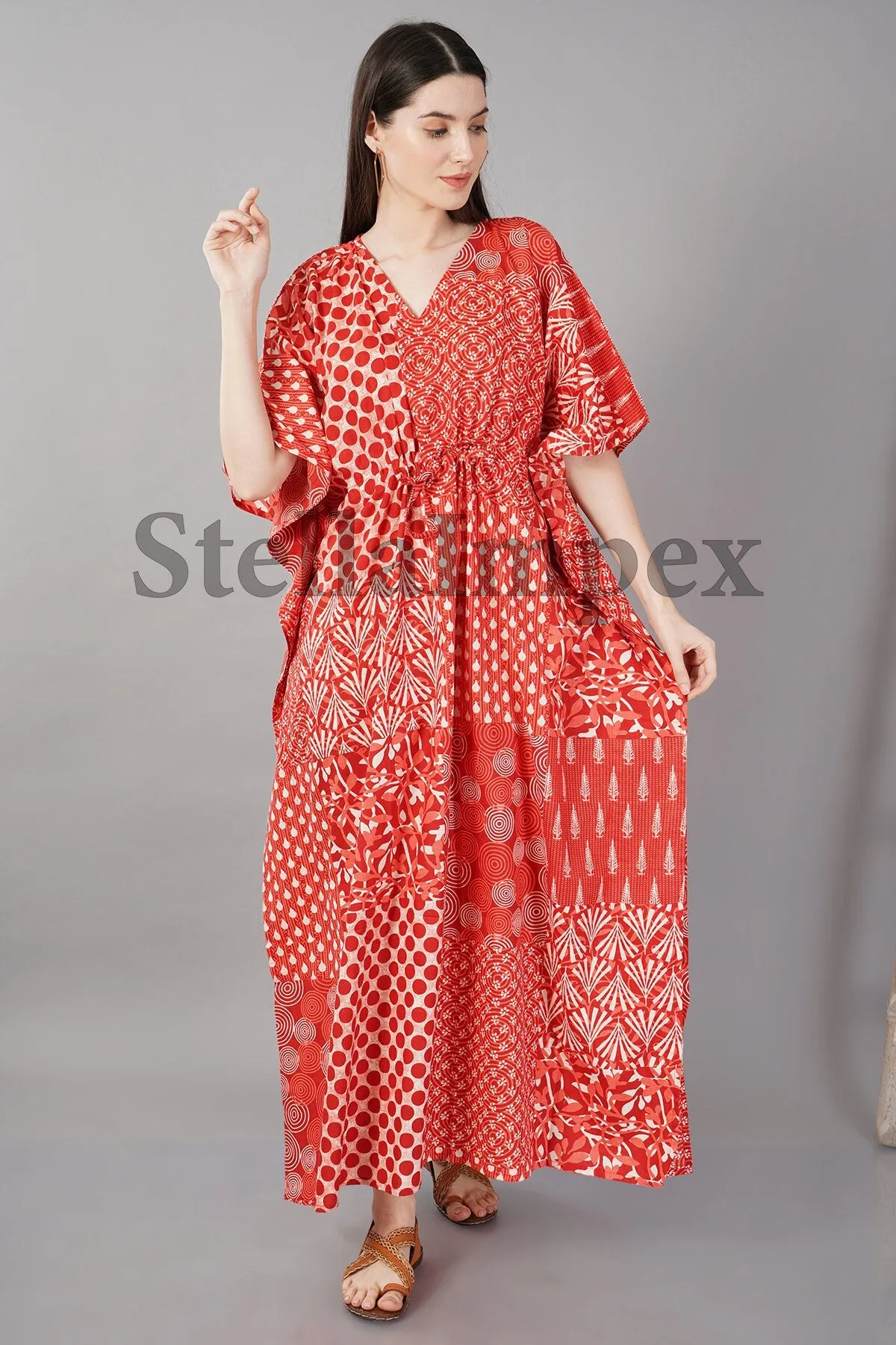 Trendy Handblock Print Cotton Kaftan, Elegant Red Long Caftan Resort Wear Beach Dress Boho Kaftan, Gift for Her