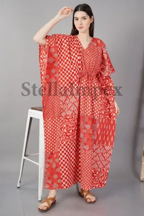 Trendy Handblock Print Cotton Kaftan, Elegant Red Long Caftan Resort Wear Beach Dress Boho Kaftan, Gift for Her