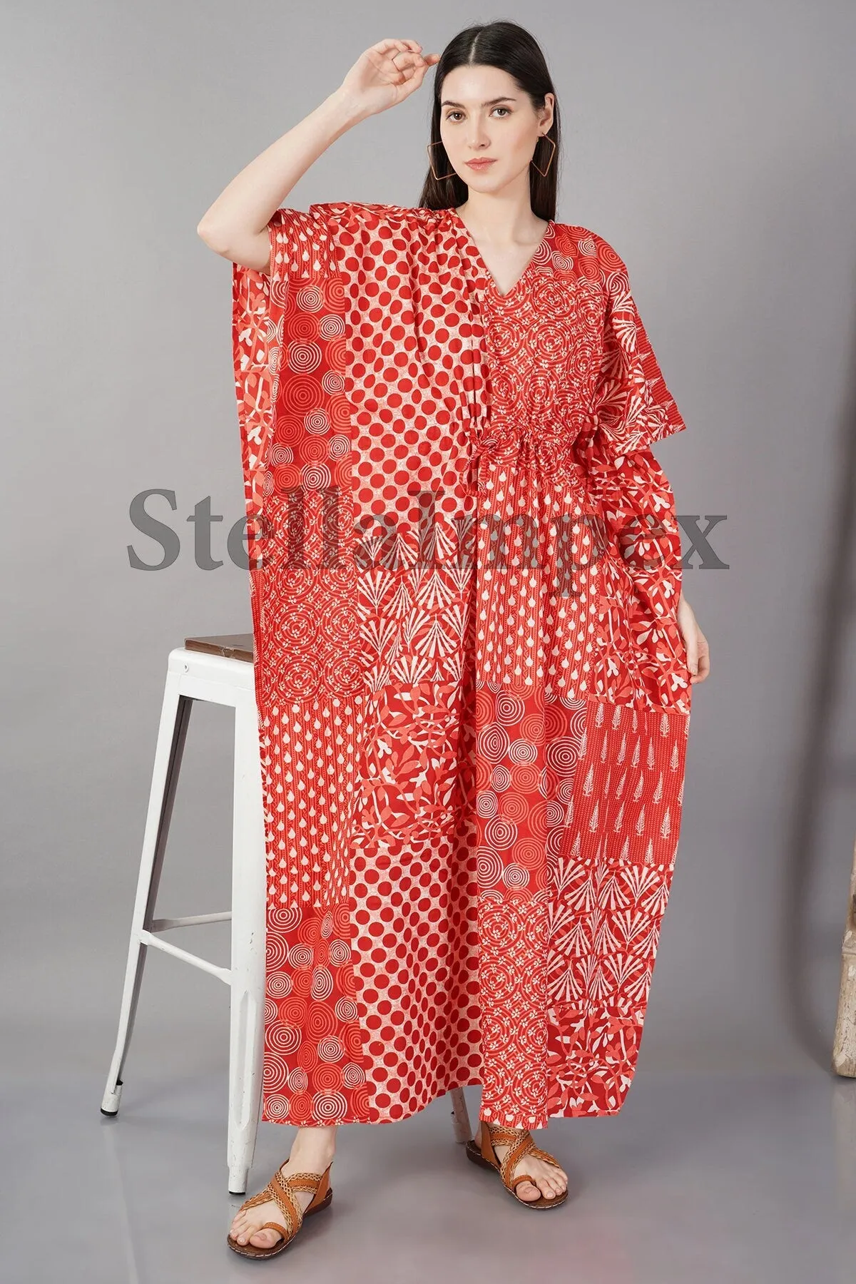 Trendy Handblock Print Cotton Kaftan, Elegant Red Long Caftan Resort Wear Beach Dress Boho Kaftan, Gift for Her