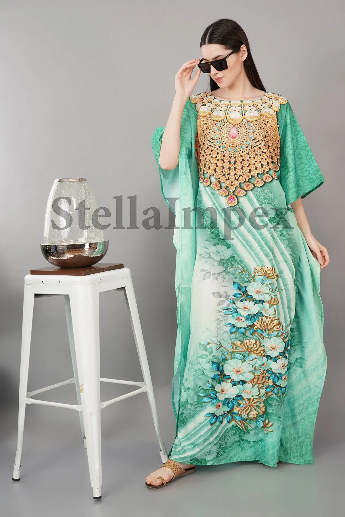 Trendy Polyester Silk Kaftan Elegant Green & Gold Long Caftan Resort Wear Beach Dress Boho Kaftan, Gift for Her