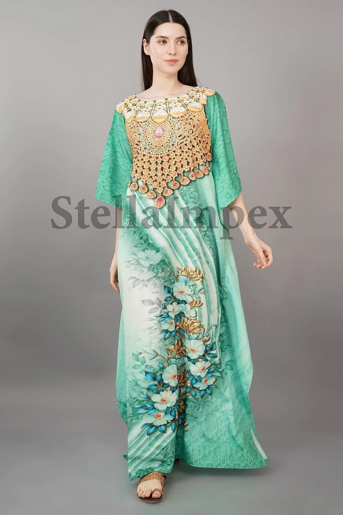 Trendy Polyester Silk Kaftan Elegant Green & Gold Long Caftan Resort Wear Beach Dress Boho Kaftan, Gift for Her