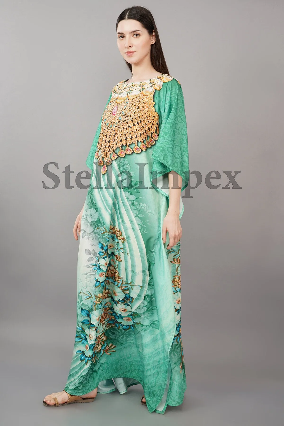 Trendy Polyester Silk Kaftan Elegant Green & Gold Long Caftan Resort Wear Beach Dress Boho Kaftan, Gift for Her