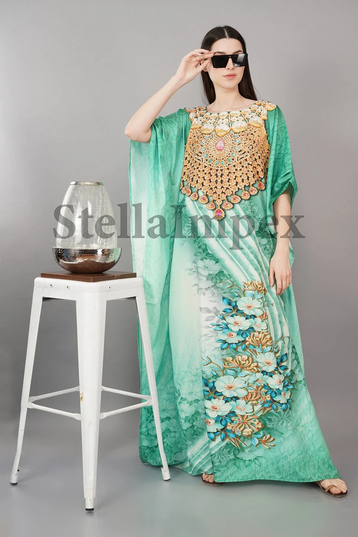 Trendy Polyester Silk Kaftan Elegant Green & Gold Long Caftan Resort Wear Beach Dress Boho Kaftan, Gift for Her