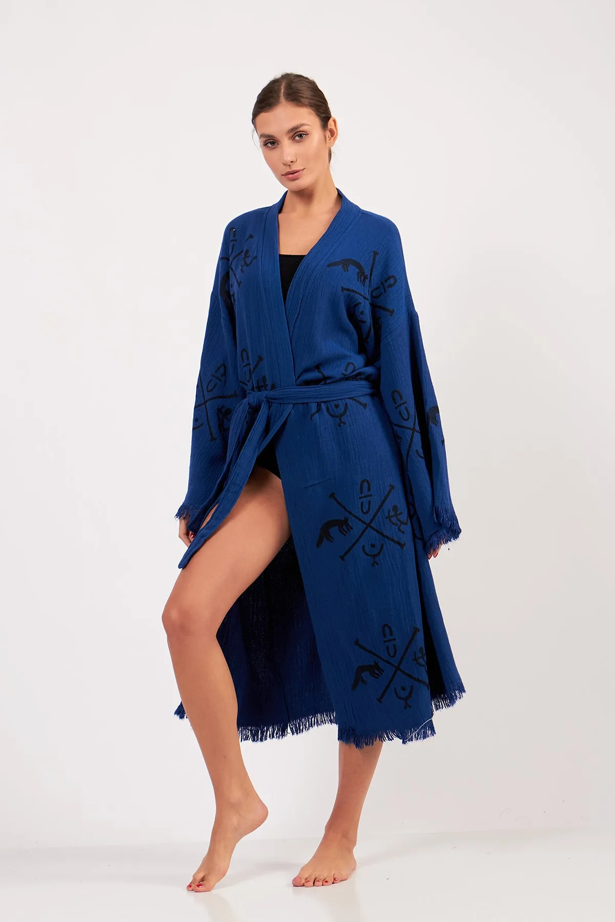 Turkish Towel Kimono Bathrobe Ancient Design Blue