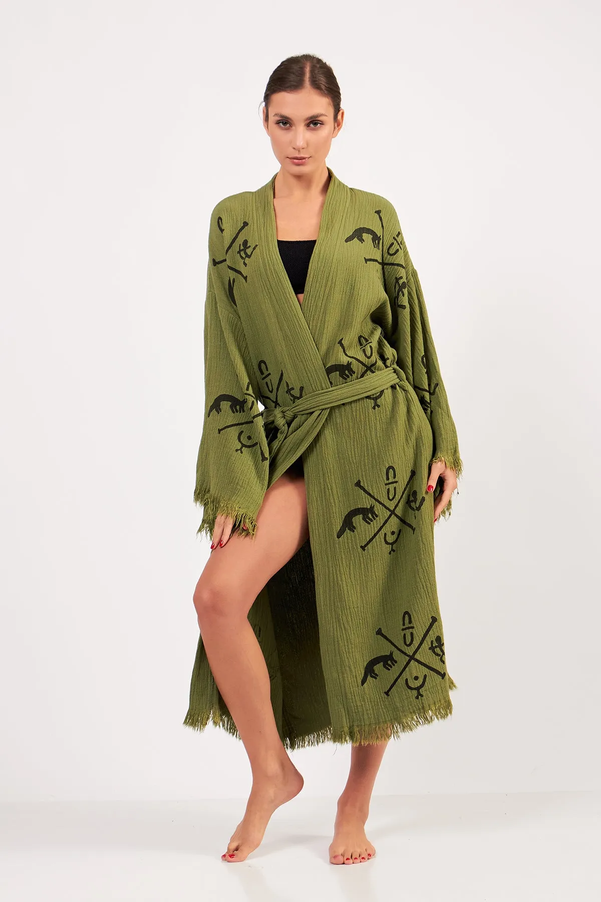 Turkish Towel Kimono Bathrobe Ancient Design Green