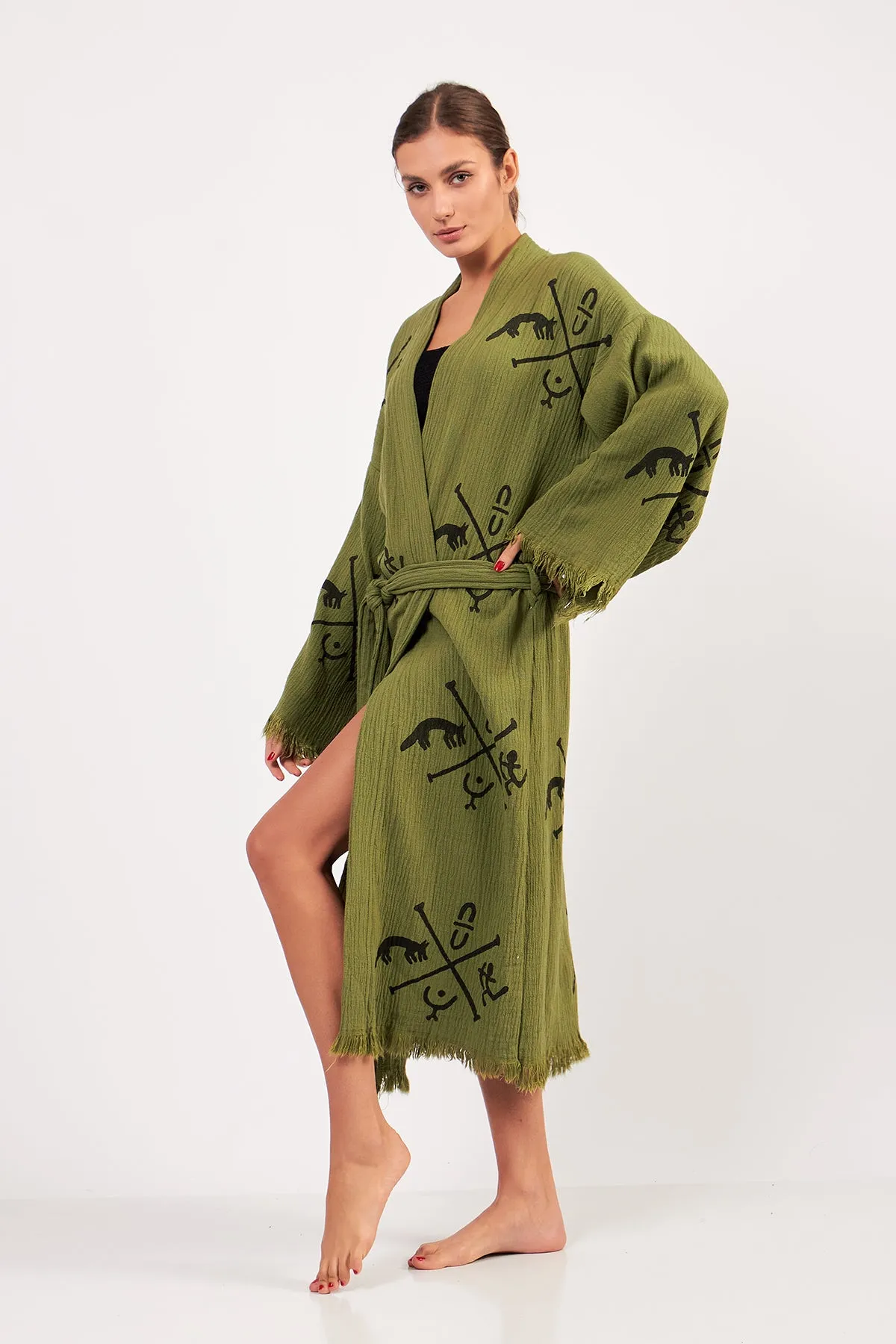 Turkish Towel Kimono Bathrobe Ancient Design Green