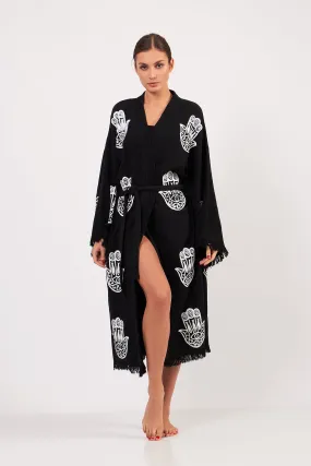 Turkish Towel Kimono Bathrobe Fatima Hand Design Black