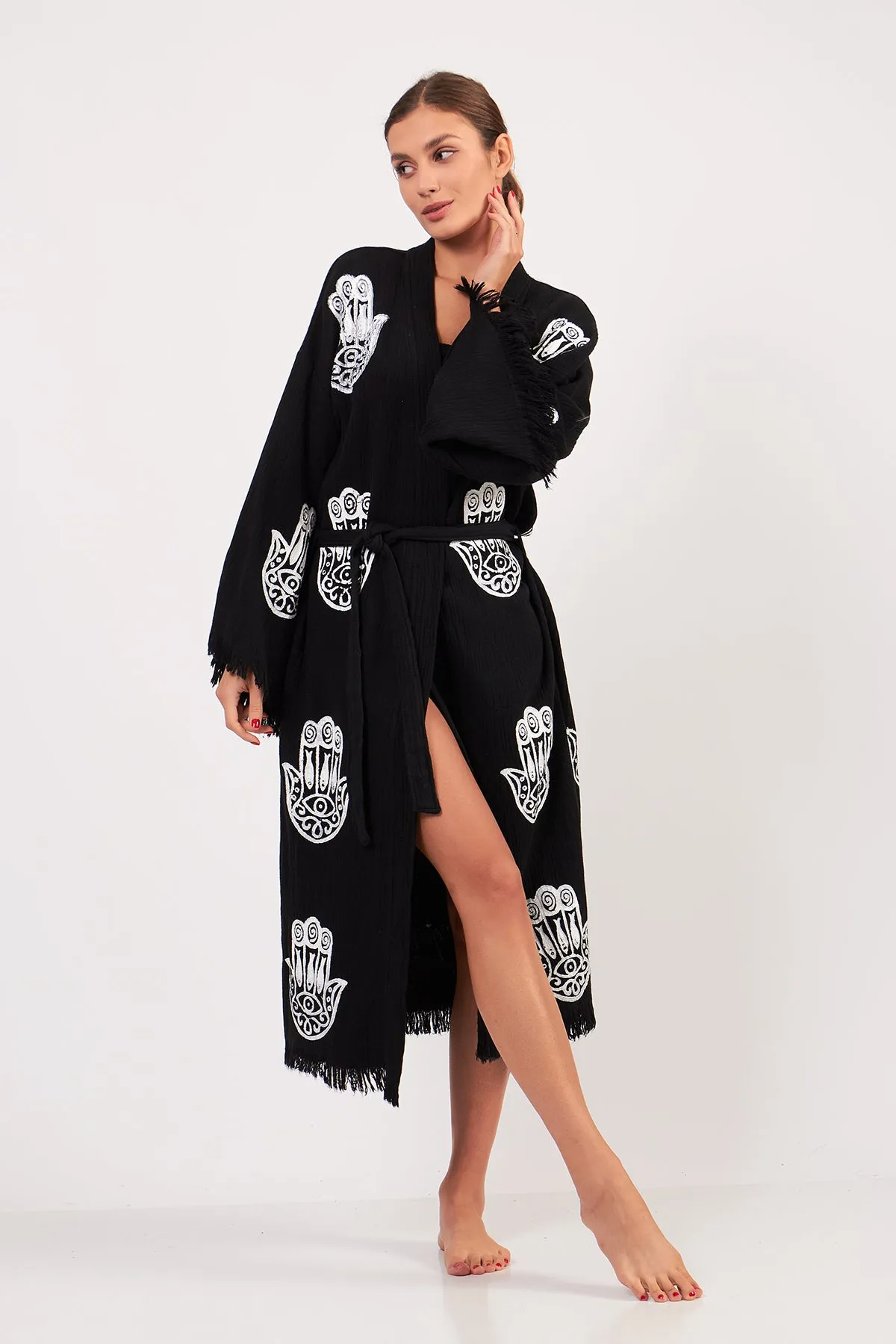 Turkish Towel Kimono Bathrobe Fatima Hand Design Black