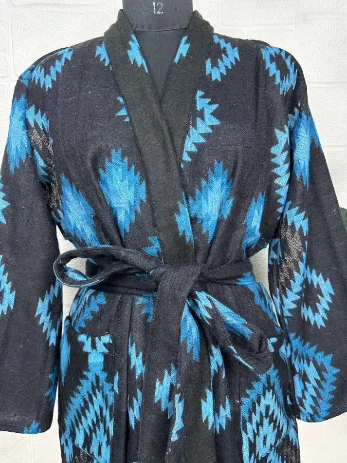 Unisex Yak Wool Blend Geometric Diamonds Kimono/Robe | Luxurious Black Blue Teal Urban Floral Print | Warm Hygge Christmas Gift for Her & Him