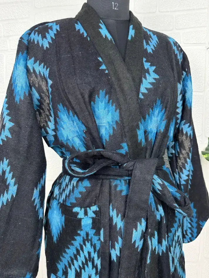 Unisex Yak Wool Blend Geometric Diamonds Kimono/Robe | Luxurious Black Blue Teal Urban Floral Print | Warm Hygge Christmas Gift for Her & Him