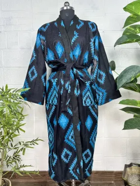 Unisex Yak Wool Blend Geometric Diamonds Kimono/Robe | Luxurious Black Blue Teal Urban Floral Print | Warm Hygge Christmas Gift for Her & Him