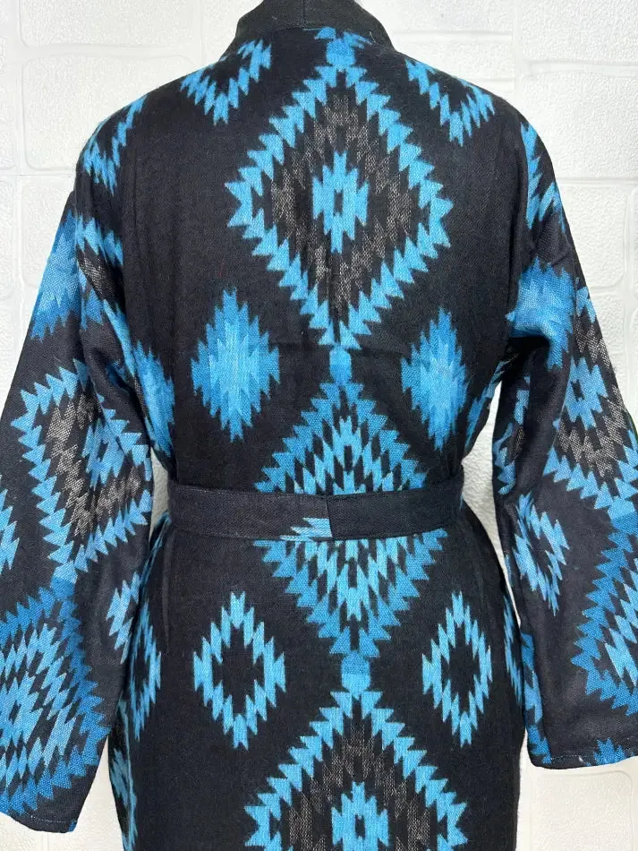 Unisex Yak Wool Blend Geometric Diamonds Kimono/Robe | Luxurious Black Blue Teal Urban Floral Print | Warm Hygge Christmas Gift for Her & Him