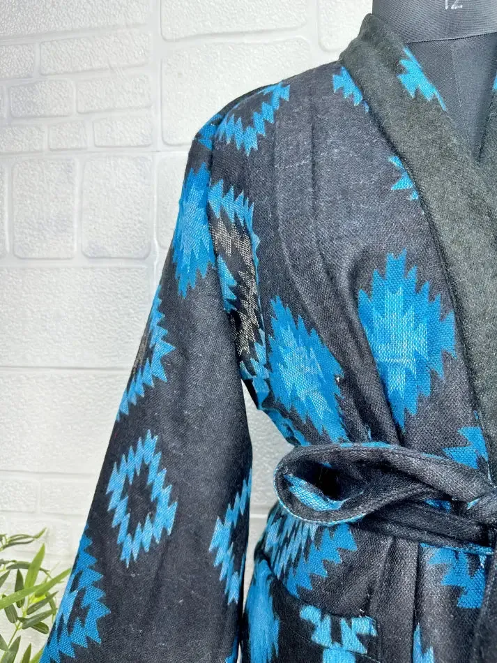 Unisex Yak Wool Blend Geometric Diamonds Kimono/Robe | Luxurious Black Blue Teal Urban Floral Print | Warm Hygge Christmas Gift for Her & Him