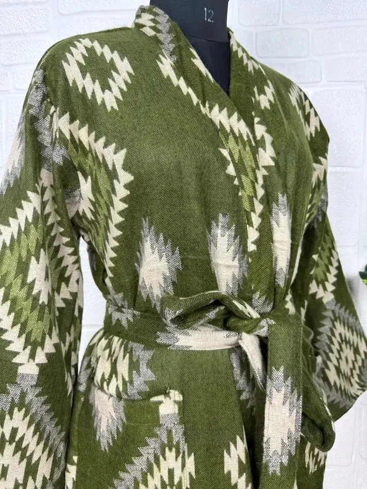 Unisex Yak Wool Blend Geometric Diamonds Kimono/Robe | Luxurious Green Beige Teal Urban Floral Print | Warm Hygge Christmas Gift for Her & Him