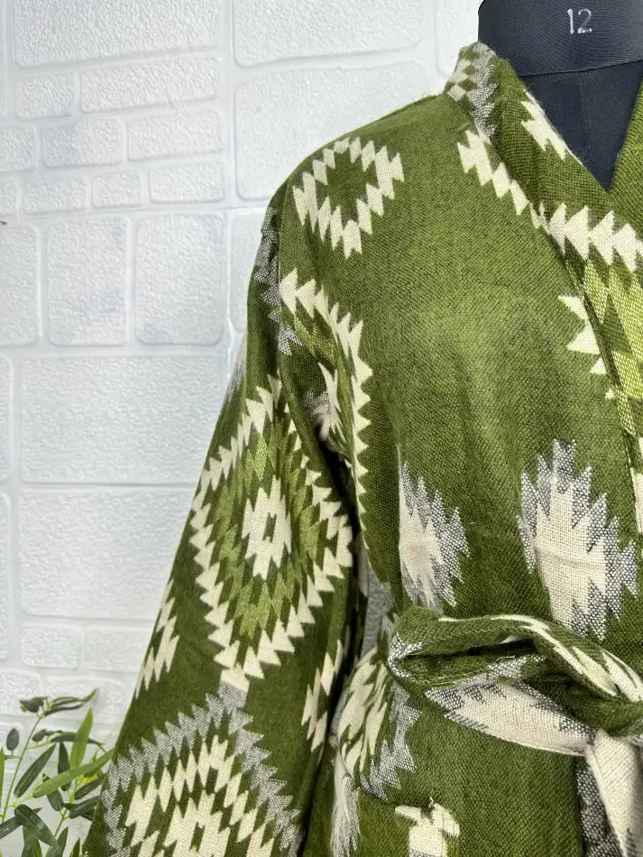 Unisex Yak Wool Blend Geometric Diamonds Kimono/Robe | Luxurious Green Beige Teal Urban Floral Print | Warm Hygge Christmas Gift for Her & Him