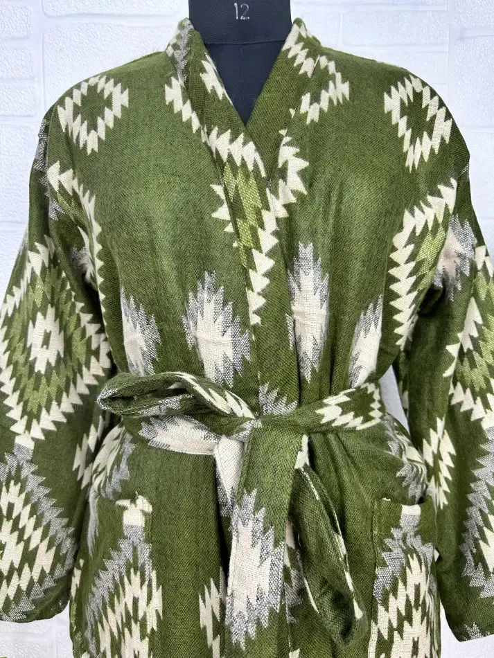 Unisex Yak Wool Blend Geometric Diamonds Kimono/Robe | Luxurious Green Beige Teal Urban Floral Print | Warm Hygge Christmas Gift for Her & Him