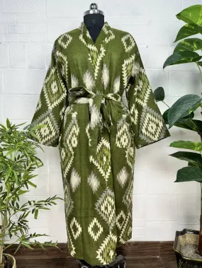 Unisex Yak Wool Blend Geometric Diamonds Kimono/Robe | Luxurious Green Beige Teal Urban Floral Print | Warm Hygge Christmas Gift for Her & Him