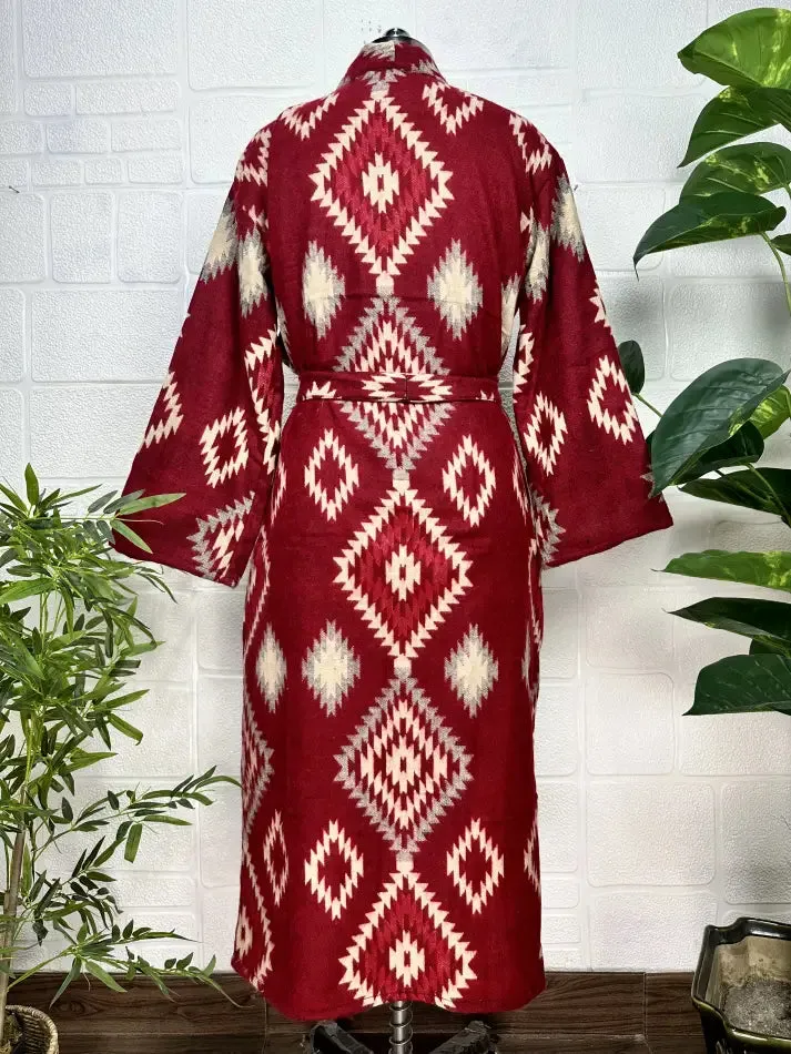 Unisex Yak Wool Blend Geometric Diamonds Kimono/Robe | Luxurious Red Beige Teal Urban Floral Print | Warm Hygge Christmas Gift for Her & Him