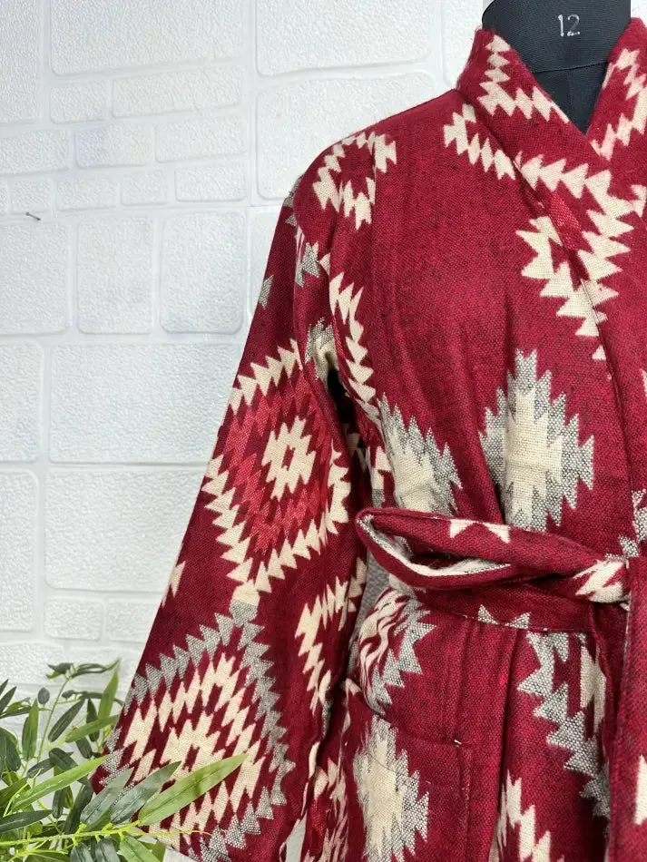 Unisex Yak Wool Blend Geometric Diamonds Kimono/Robe | Luxurious Red Beige Teal Urban Floral Print | Warm Hygge Christmas Gift for Her & Him