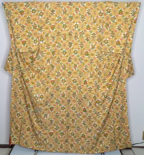 Unused Abstract Floral Patterns Vintage Yellow Japanese Kimono Robe - Crosses, Boxes, Flowers