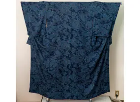 Unused Silk Kimono - Blue Plum Blossoms, Cherry Blossoms, Chrysanthemums - Intricate Dotted Designs and Abstract Background