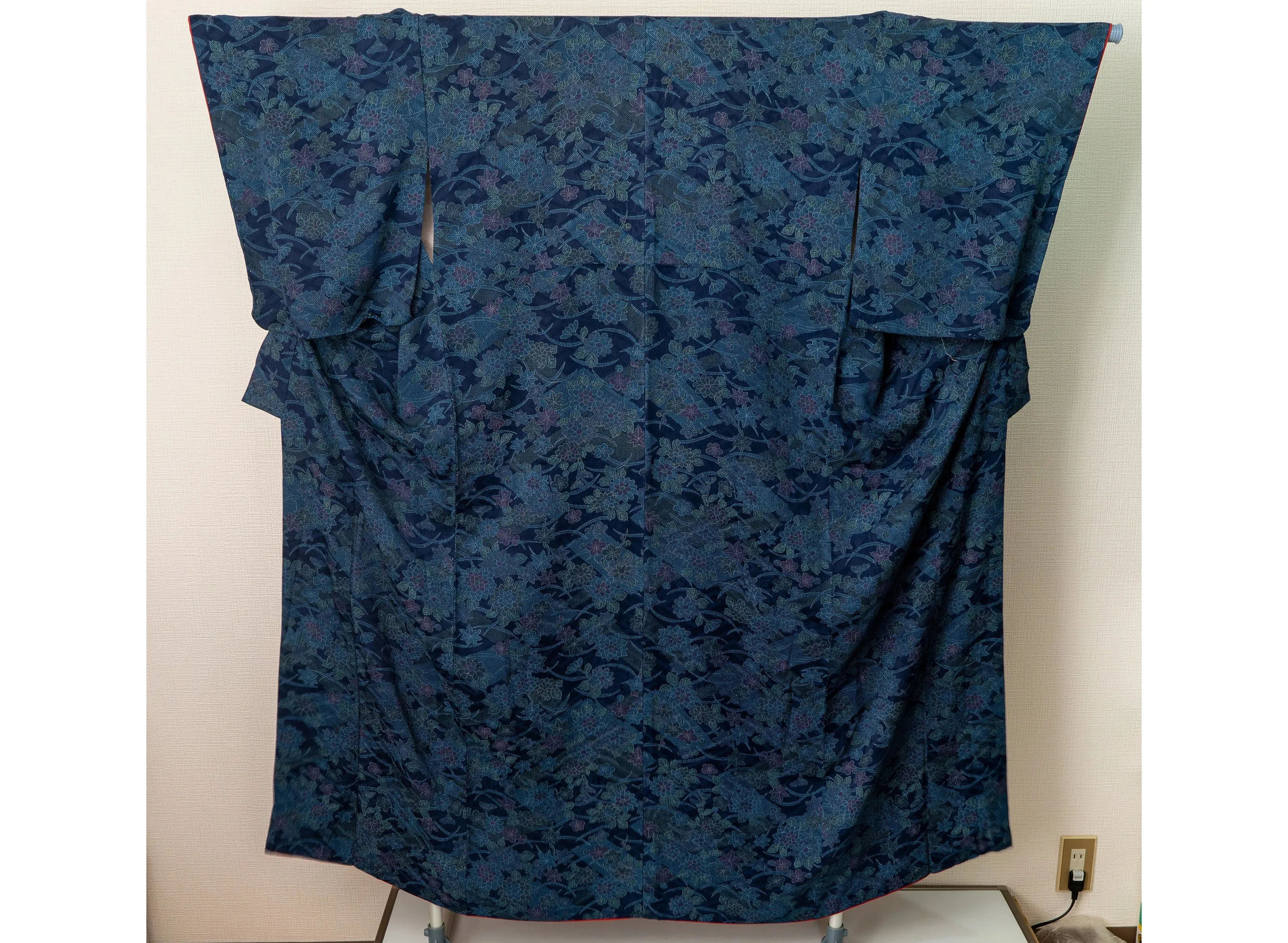 Unused Silk Kimono - Blue Plum Blossoms, Cherry Blossoms, Chrysanthemums - Intricate Dotted Designs and Abstract Background