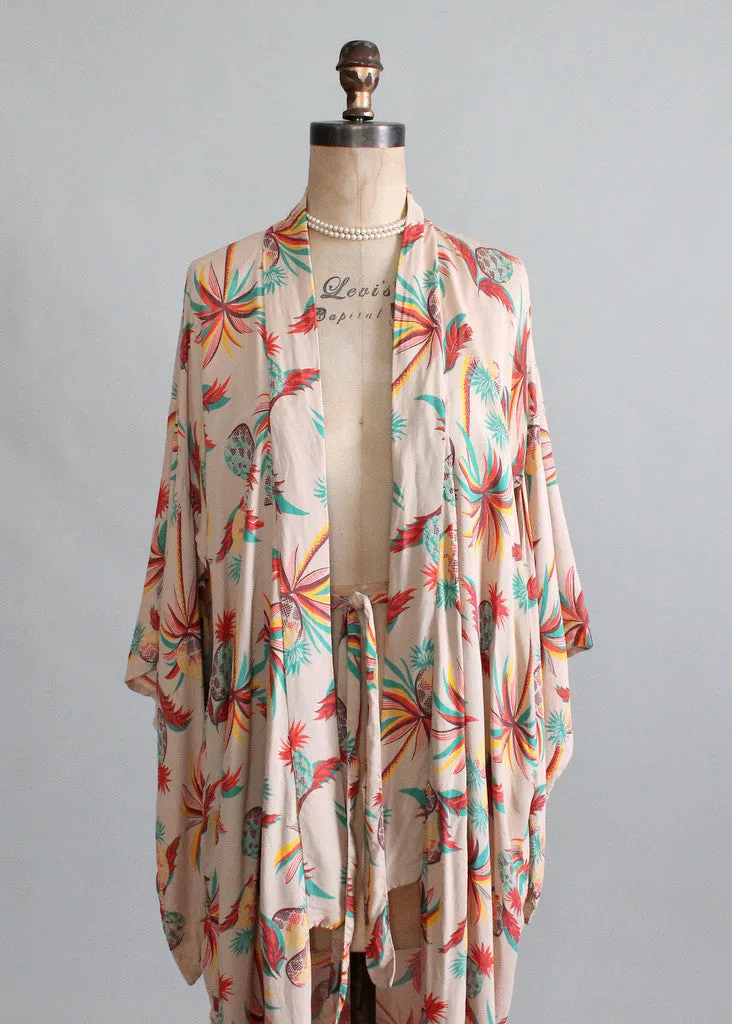 Vintage 1940s Tropical Print Rayon Kimono Robe