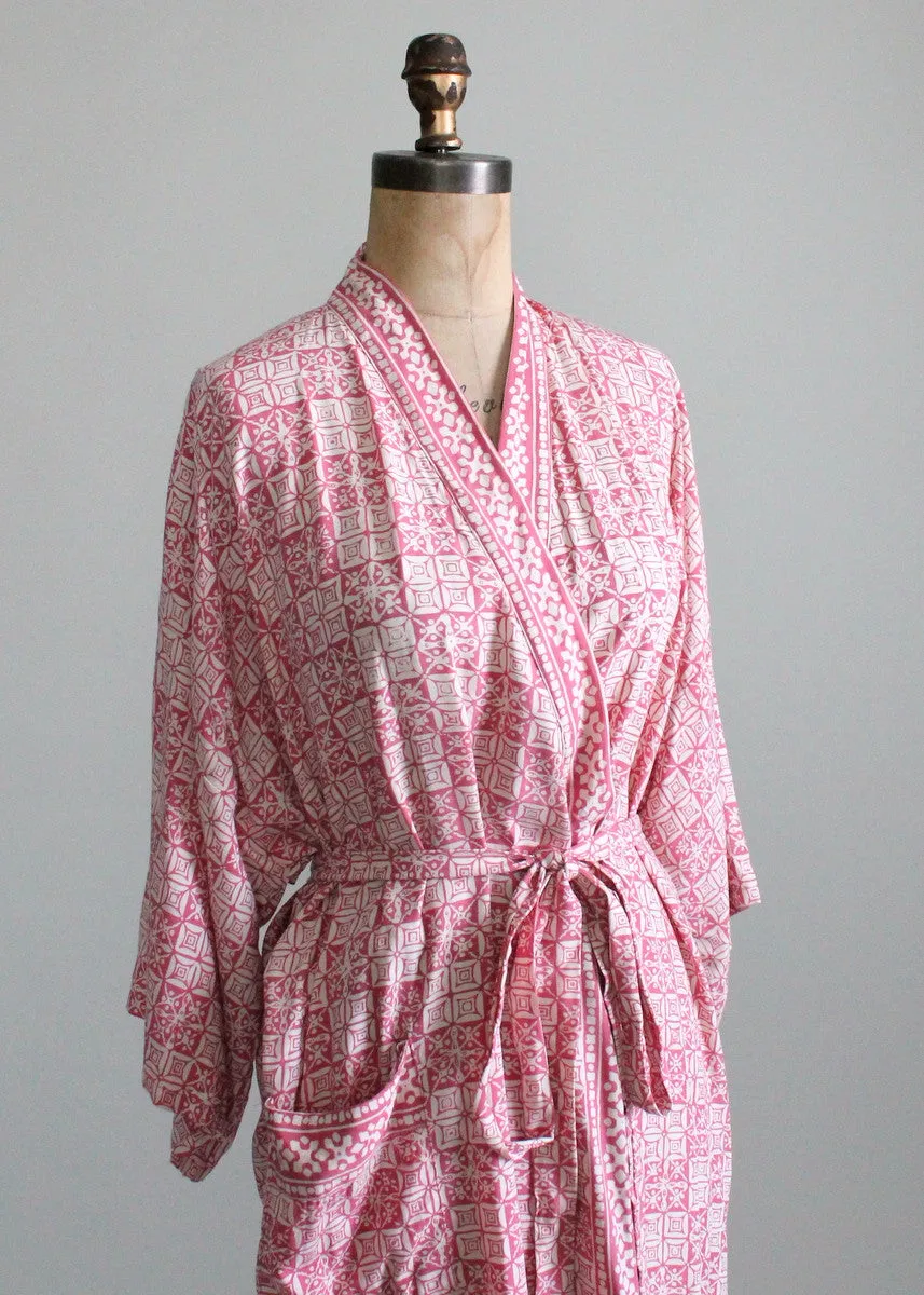 Vintage 1970s Pink and White Cotton Kimono Robe