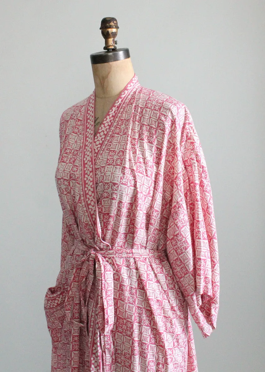 Vintage 1970s Pink and White Cotton Kimono Robe