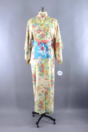 Vintage Pink & Green Trees Silk Kimono Robe