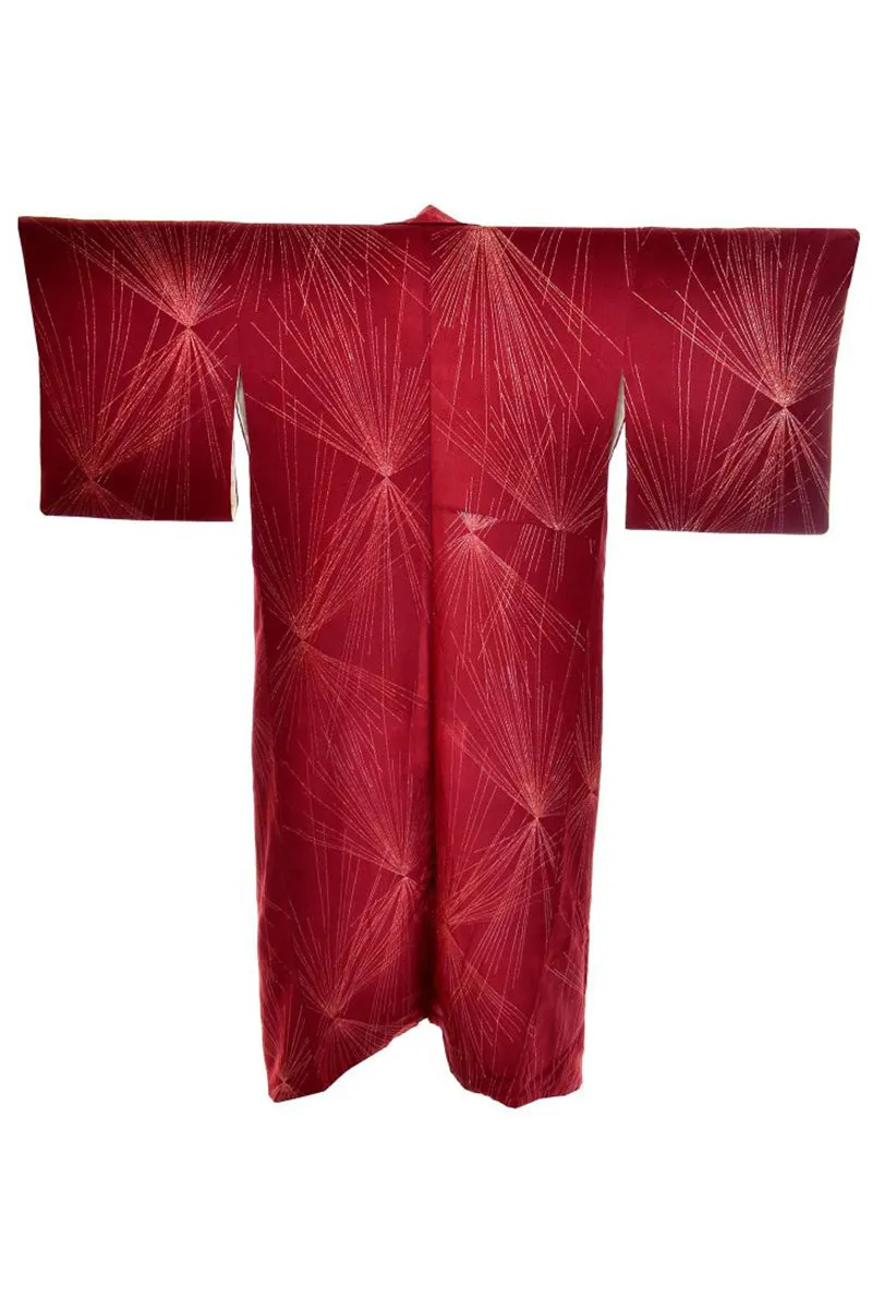 Vintage Rust Silk Long Kimono w/ Gold Metallic Starburst Embroidery