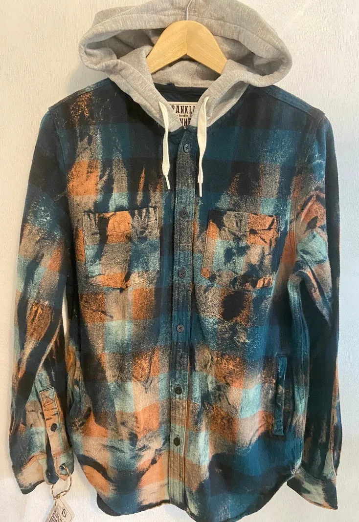 Vintage Teal, Black, Rust and Turquoise Flannel Hoodie Size Small