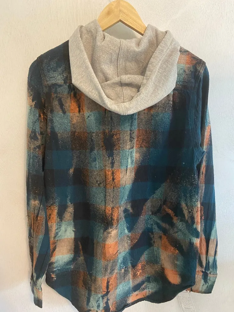 Vintage Teal, Black, Rust and Turquoise Flannel Hoodie Size Small