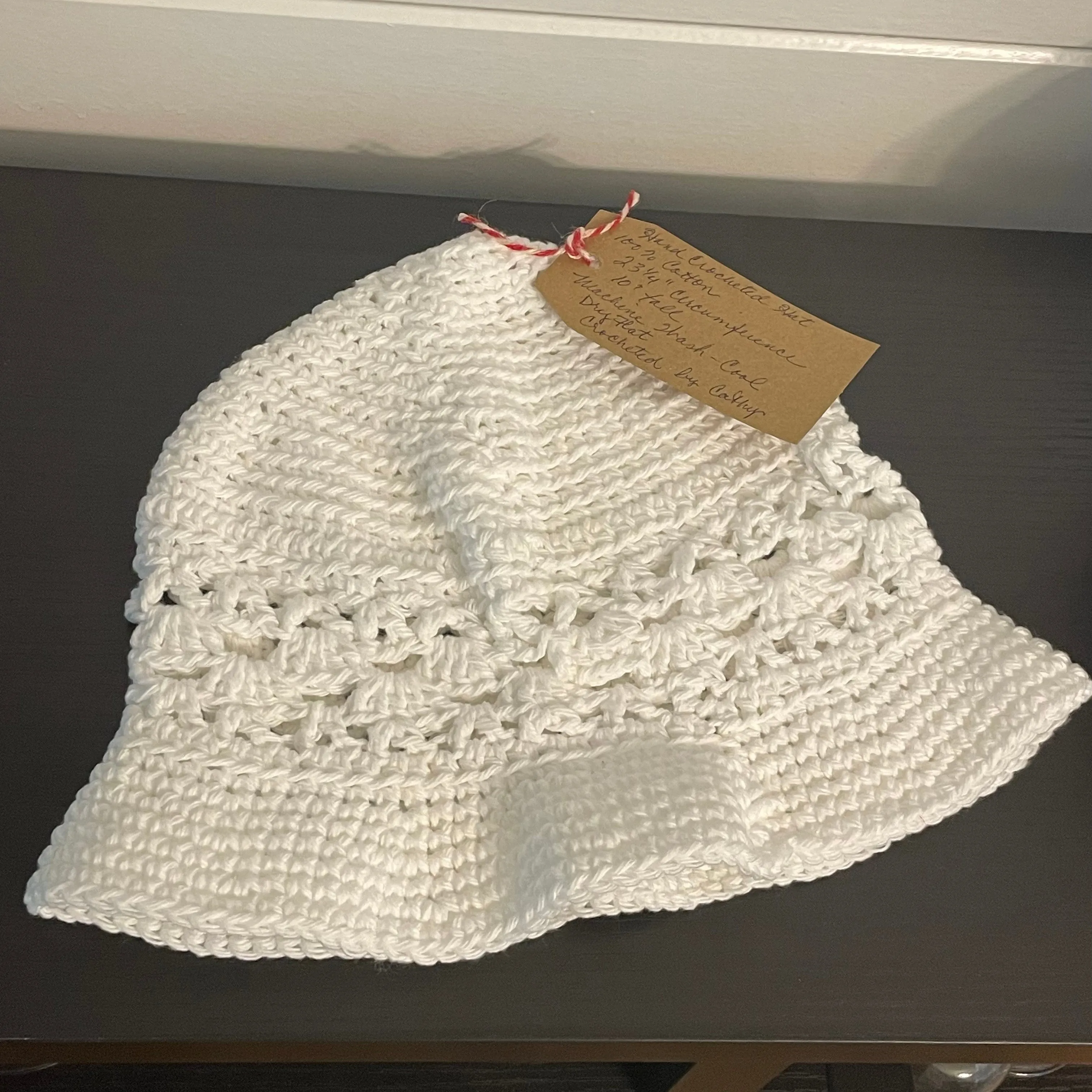 White Hand Crocheted Bucket Hat Vintage Retro Style 23.25" Outdoor Handmade Knit Sun Beach Floppy Brim Open Stitch Band Accent Cotton Women Gift Accessory