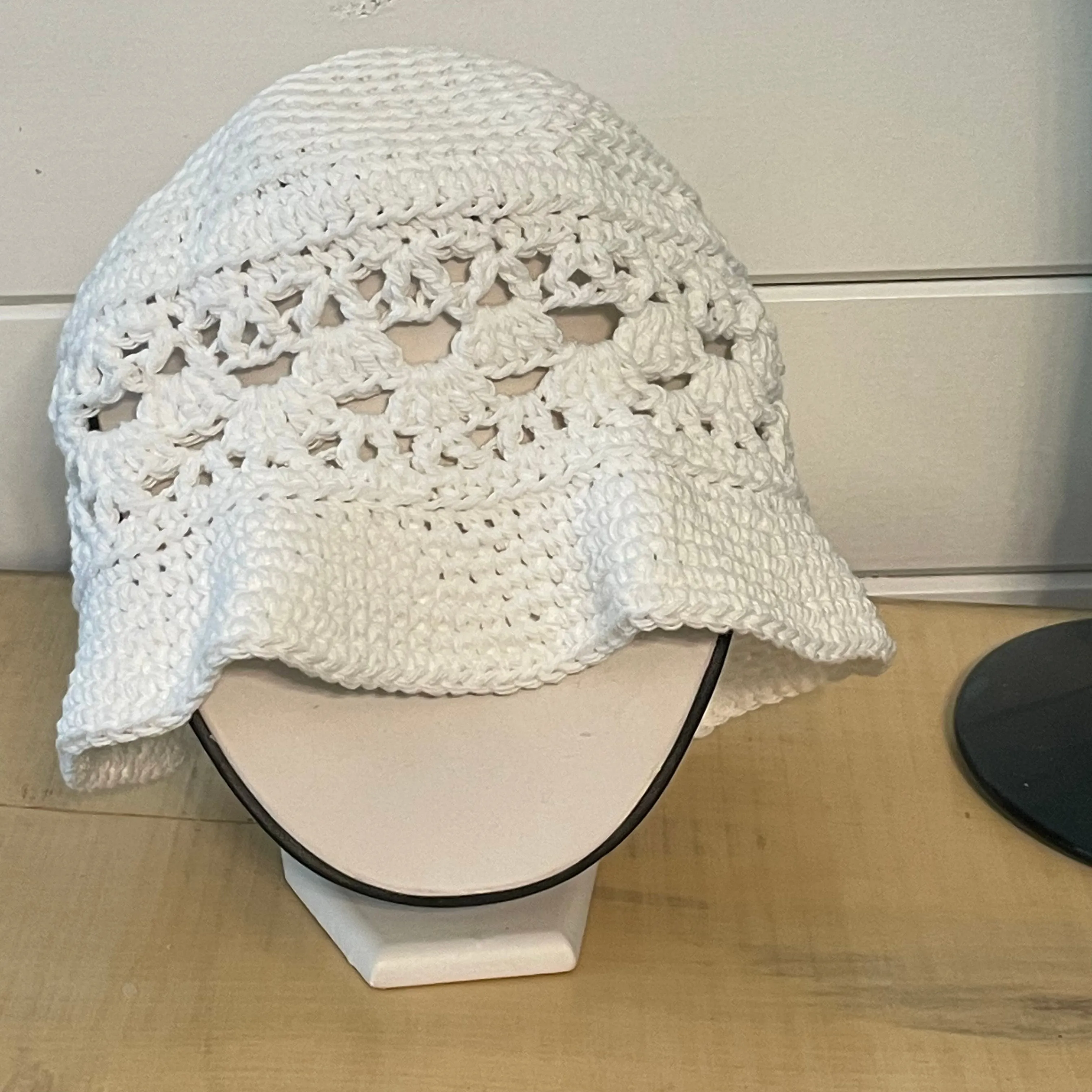 White Hand Crocheted Bucket Hat Vintage Retro Style 23.25" Outdoor Handmade Knit Sun Beach Floppy Brim Open Stitch Band Accent Cotton Women Gift Accessory