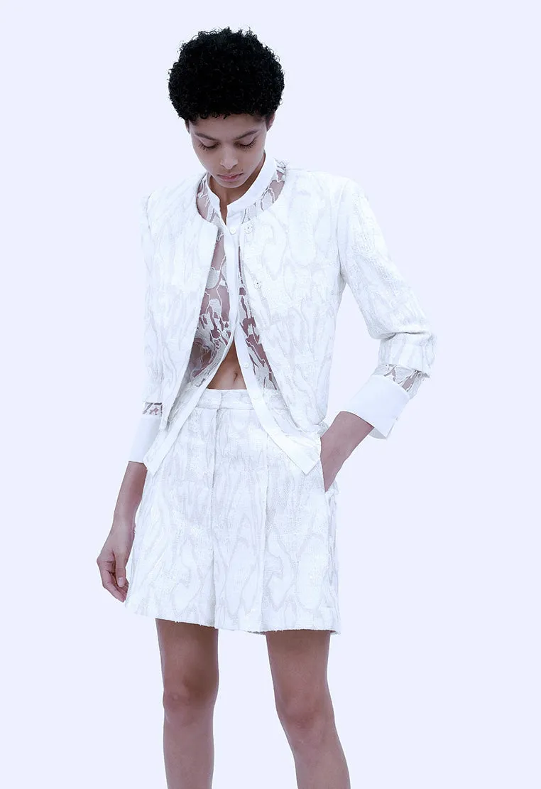 White Jacquard Tweed Collarless Jacket