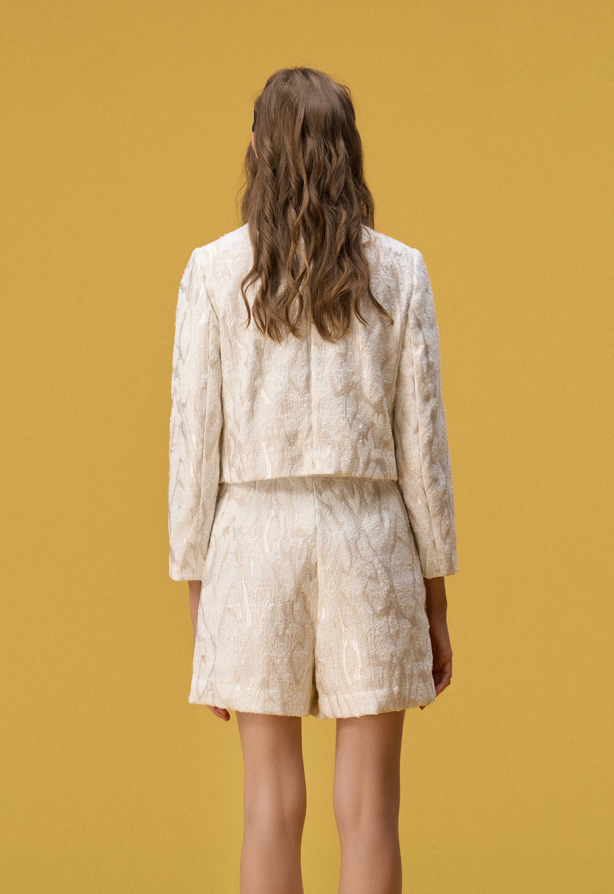 White Jacquard Tweed Collarless Jacket