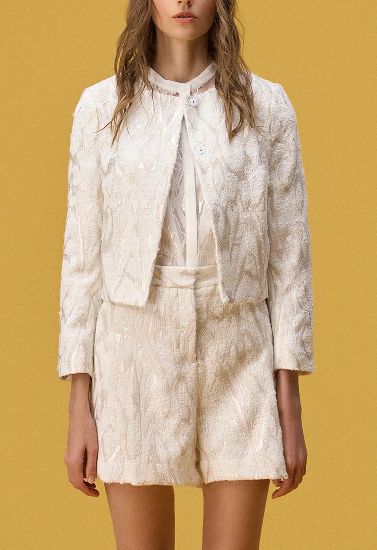 White Jacquard Tweed Collarless Jacket