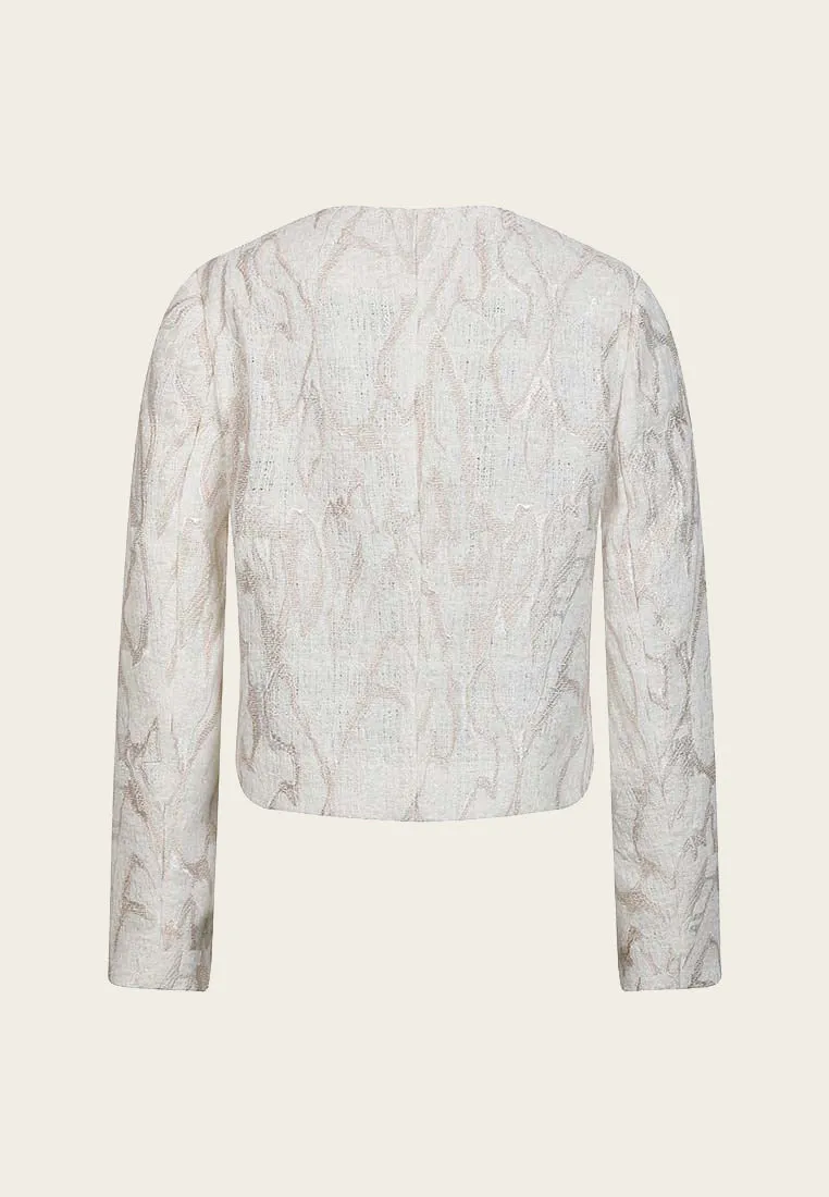 White Jacquard Tweed Collarless Jacket