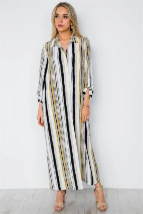 White Mustard Stripe Long Sleeve Button Down Shirt Dress / 2-2-2