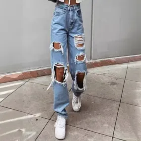 Wjczt back to school outfits High Quality Southeast Asian Women's Ripped Jeans Women's Straight Loose Jeans