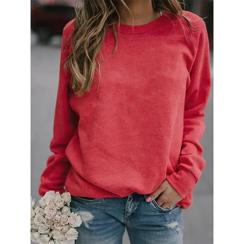 Women winter fall solid color long sleeve pullover crewneck sweatshirt