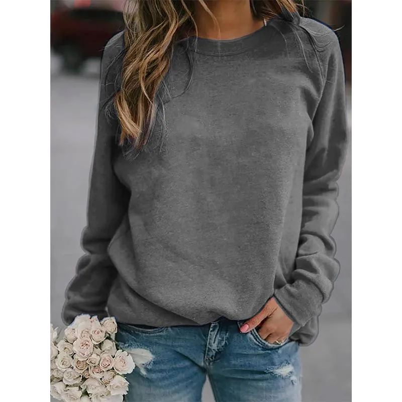 Women winter fall solid color long sleeve pullover crewneck sweatshirt