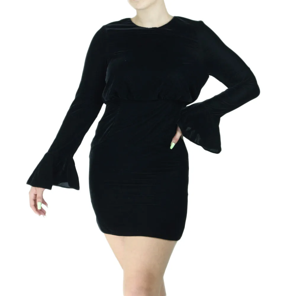 Women's Bell Sleeve Velvet Dress,Black